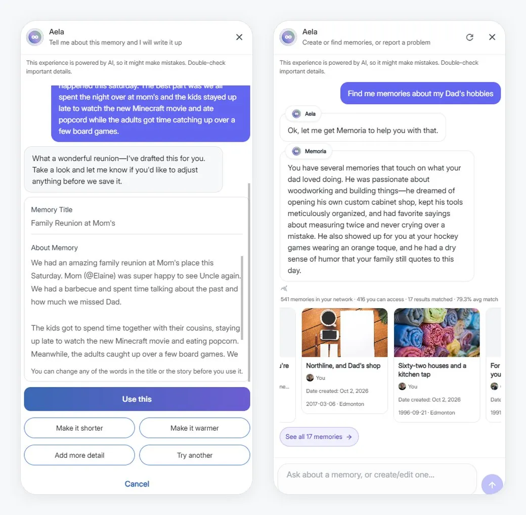 Two Aeternum app screens: Aela drafting a family reunion memory, and Memoria answering a question about Dad's hobbies after searching only the 416 of the network's 541 memories the person asking could see