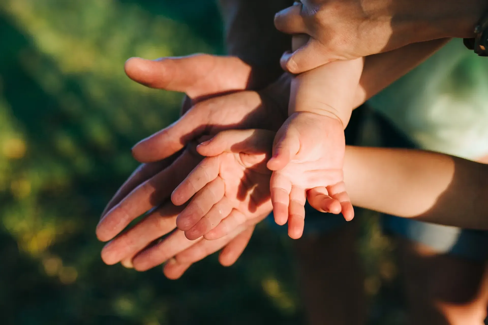 A family together in a garden at dawn
